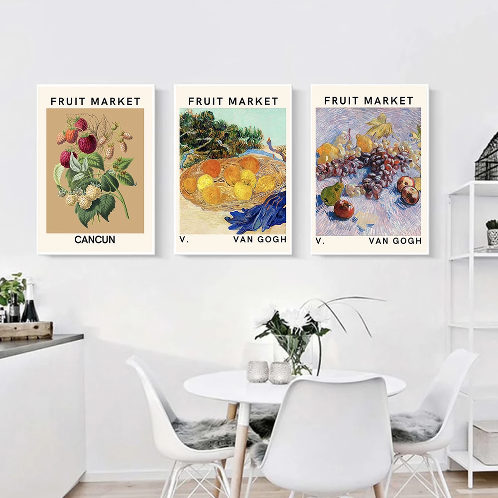 Póster del mercado de frutas de Van Gogh, pintura en lienzo de Marbella, uva abstracta, melón, arte de pared, imágenes impresas para decoración para sala de estar