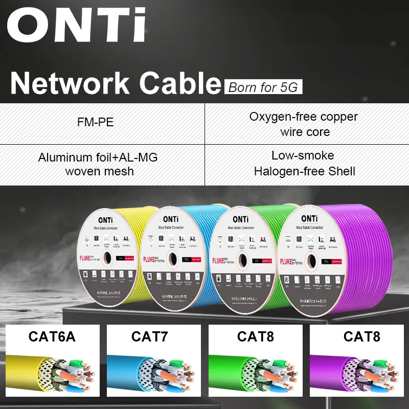 ONTi-RJ45 CAT8 CAT7 CAT6A Shielded Cable S/FTP 22AWG 23AWG 4PR, OXYGEN-FREE COPPER LSZH ANSI TIA 568C.2-1 & ISO/IEC TR 11801