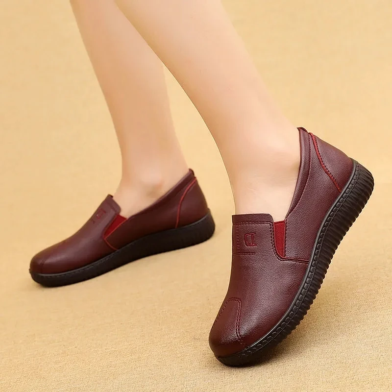 Fashion Slip-on Sewing Sneakers Women Flat Shoes 2024 Spring Soft Wedge Leather Loafers Casual Mother Flats Size 9 Brown