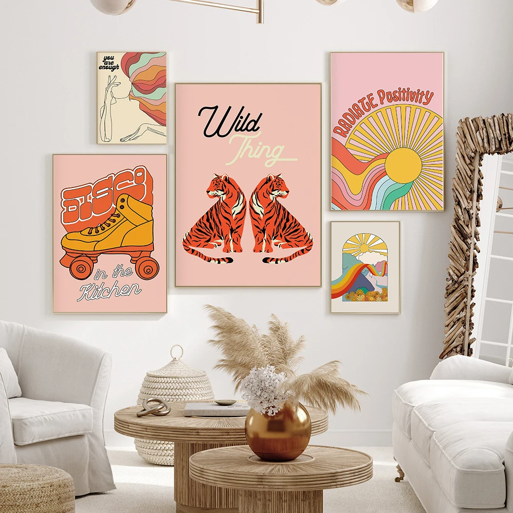 Cartoon Feminist Peace Sign Rainbow Poster Wall Art Print Picture Sun Line Quote Canvas Painting Wild Tiger Kids Room Home Decor