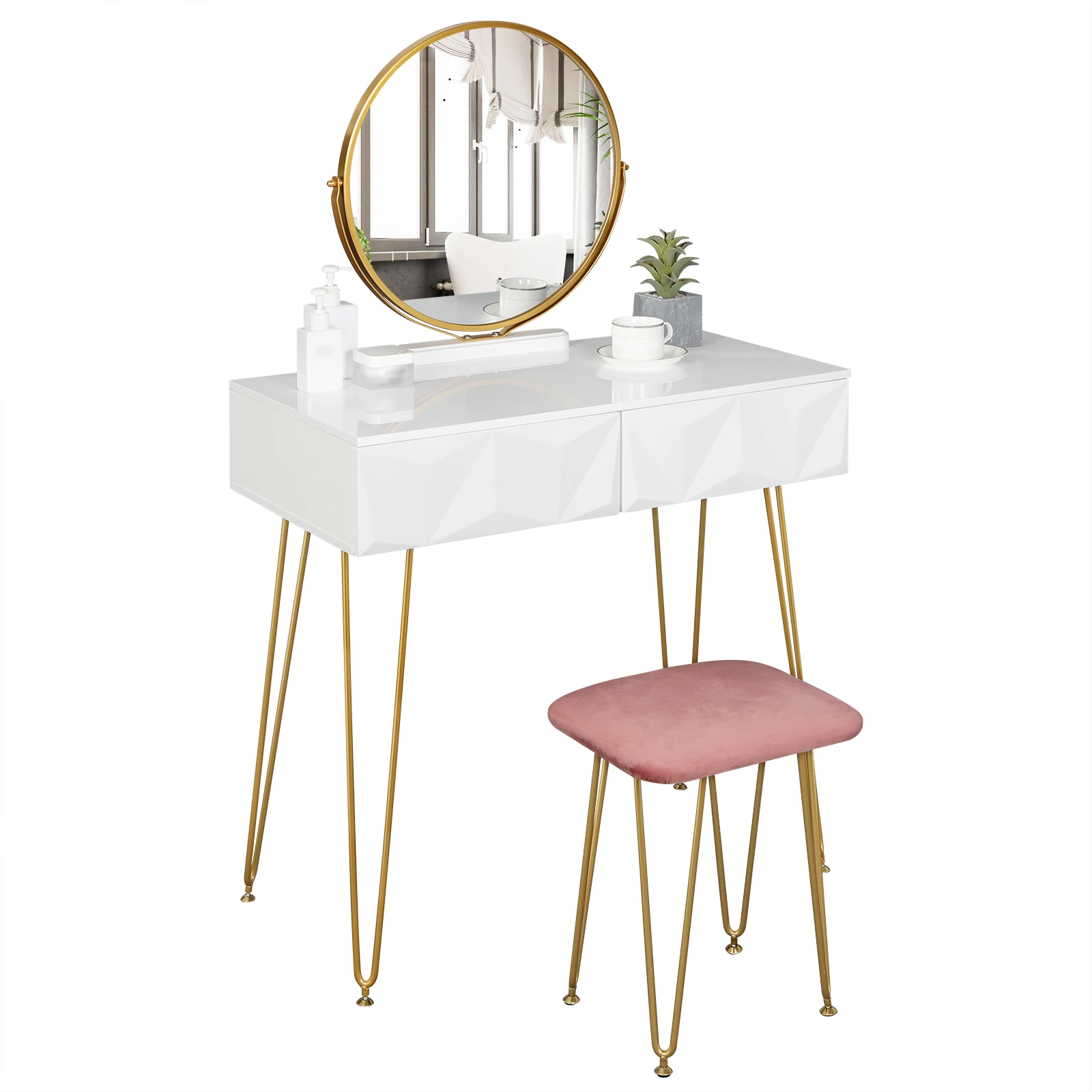 Dresser Dressing Table with Mirror Stool Makeup Cosmetic Table with 3D Effect Drawer Jewelry Organizer for Bedroom Household