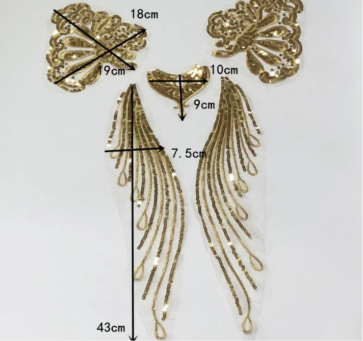 5Sets Embroidered Golden Lace Applique Sequins Bling Bling Patch DIY Wedding Bodice Trimming