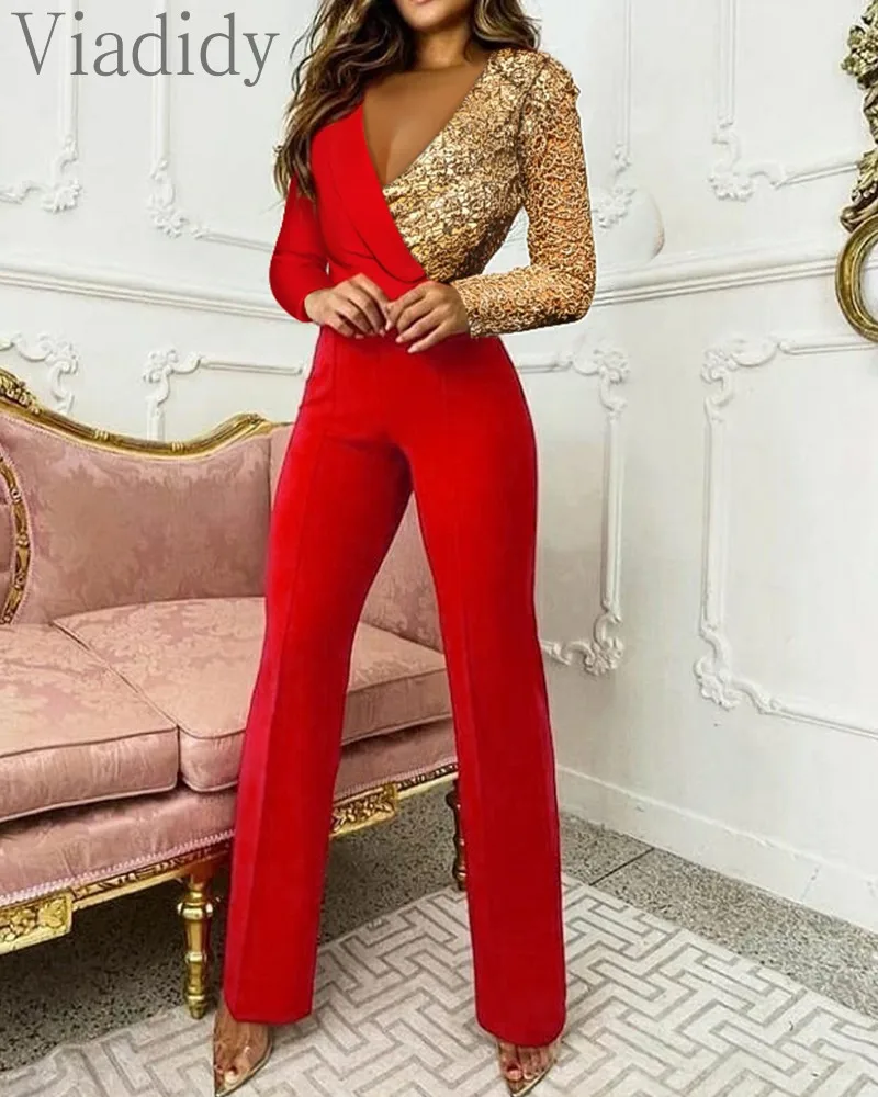 Women Colorblock Glitter Sequin Jumpsuit Long Sleeve Blazer Jumpsuit