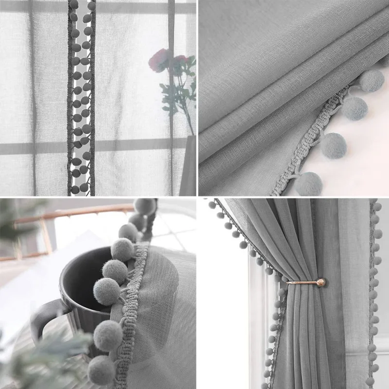 Window Sheer Curtains with Pom Pom Tassel Voile Curtains Rod Pocket Voile Semi-Sheer Curtains for Living and Bedroom 1Panel