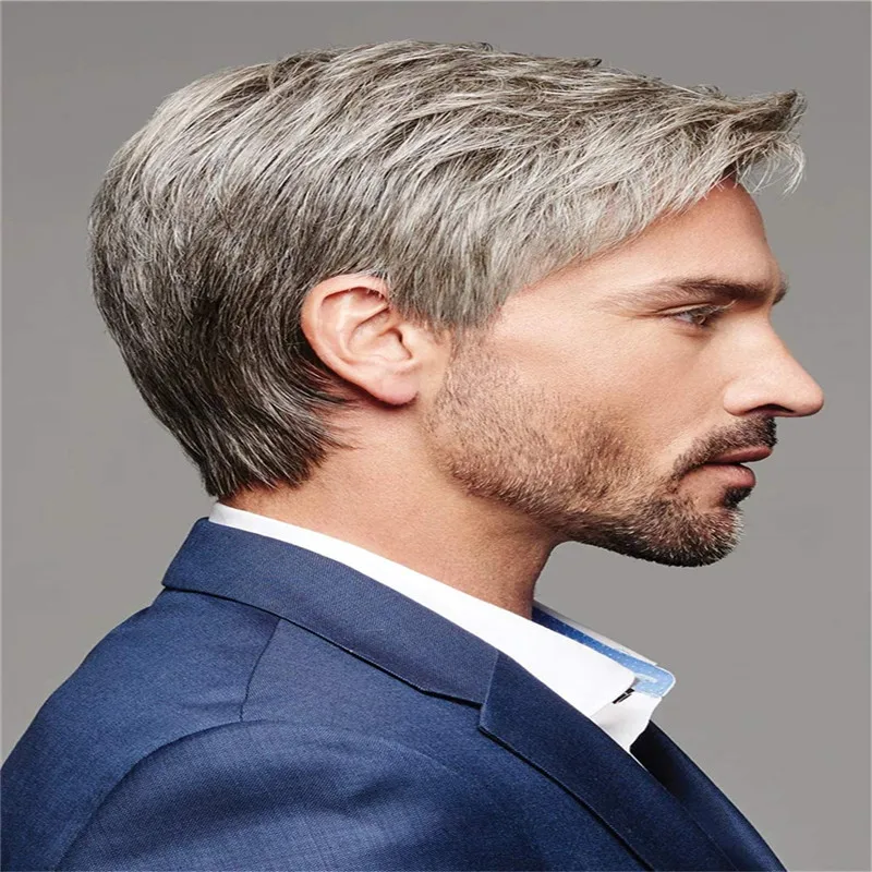 Men's Wig Short Gray Wig Fashion Synthetic Fiber Wig for Daily Use Heat Resistant