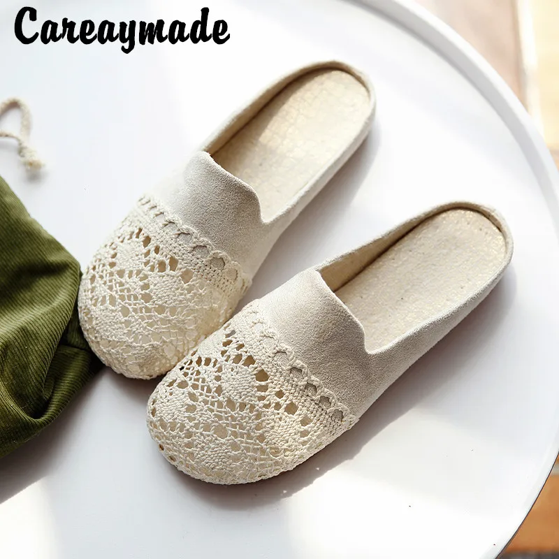 Careaymade-Wear fisherman's sandals Spring and Summer lace cut-out Baotou half slippers fairy cotton hemp single net lazy shoes