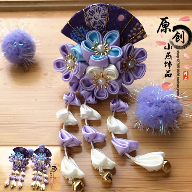 Kimono Hair Ornament Fan Sakura Tsumami zaiku kanzashi Hairpin Ancient Style Yukata Tassel Flower Hair Clip Accessory Handwork