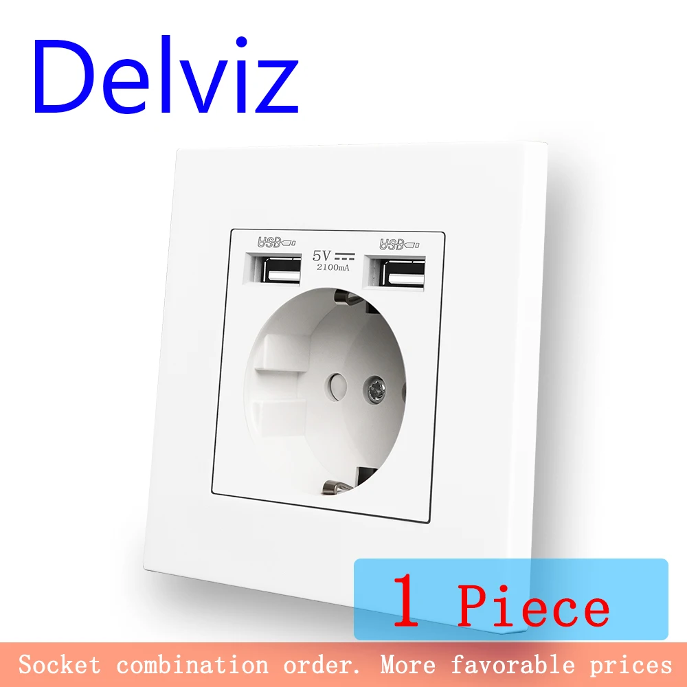 Delviz dubbele USB-oplaadcontact, AC 110 ~ 250V voedingsaansluiting, paneel van wit pc-materiaal, 2A USB-interface, 16A EU-standaard stopcontact