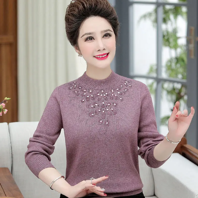 Middle Age Women Sweater Autumn Winter Thick Velvet Knit Pullovers 5XL Female Knitted Sweater Feminina Tops W2198