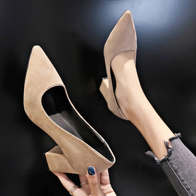 Women Pumps Flock Sweet Thick High Heels Female Sexy Office Pointed Toe Dress Work Pump Cute Shoes Ladies Footwear Zapatillas