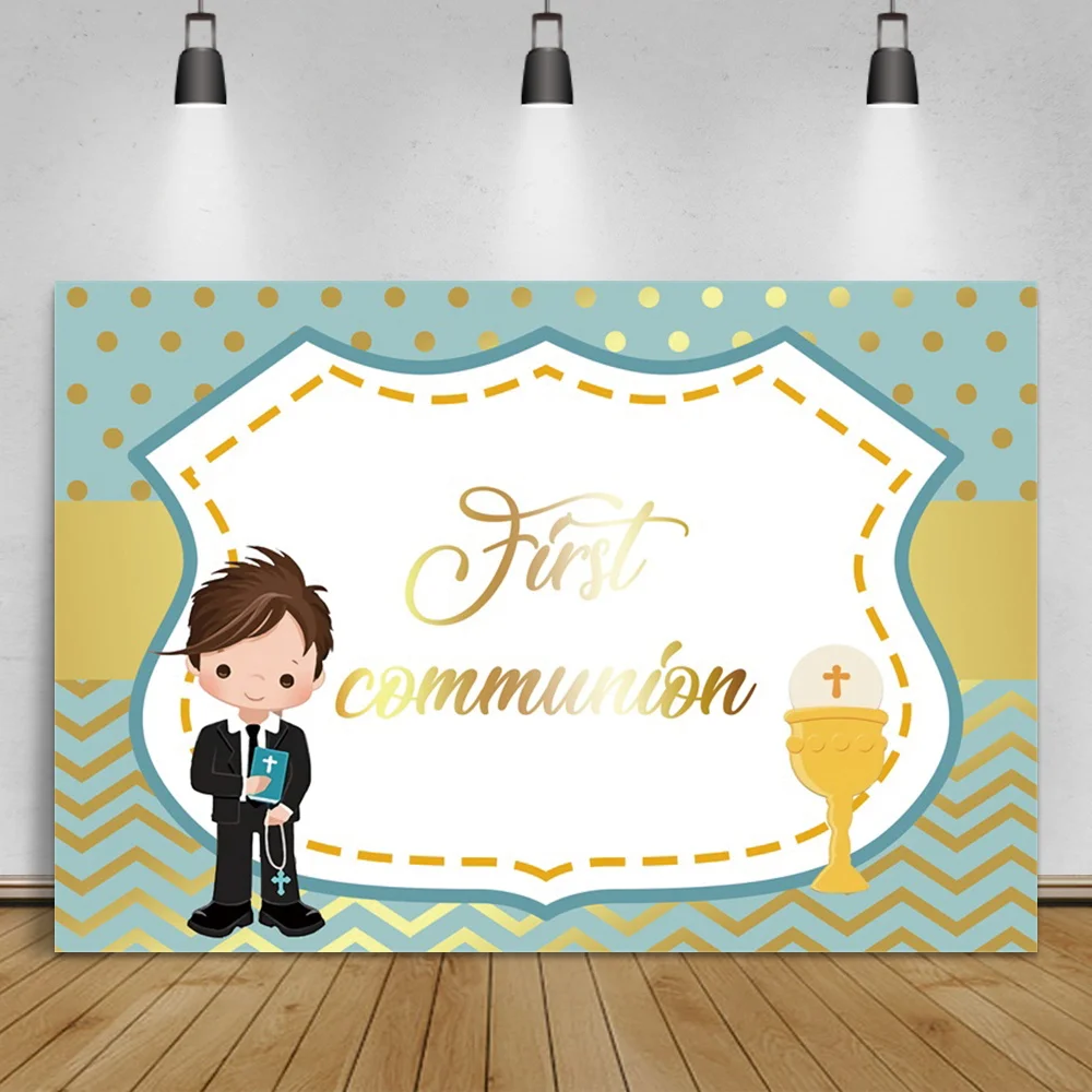 Laeacco Cartoon Boy Holy My First Communion Photography Backdrop Baby Shower Crucifix Chalice Photo Background For Photostudio