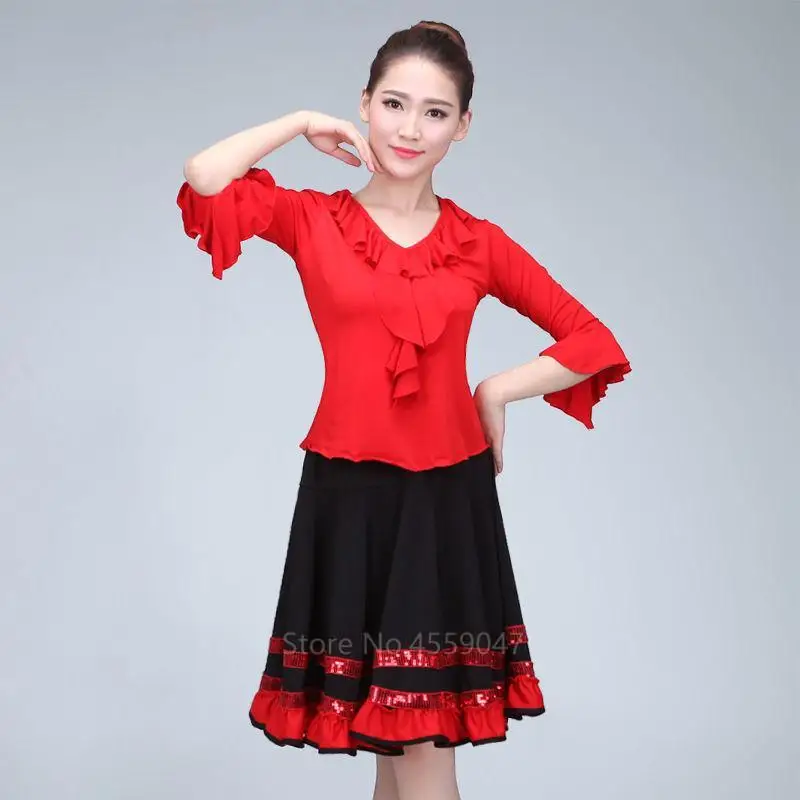 Feminino espanhol flamenco saia dança prática longo grande balanço saia curta gradiente cor desempenho cigano saia senhora vestido de barriga