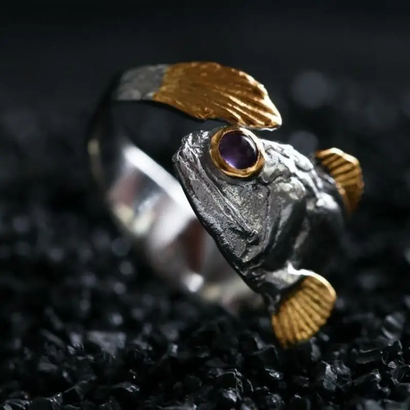 Retro Open Adjustable Ring for Women and Men Personalized Creative Lucky Purple Eye Fish Ring Casual Daily Banquet Party Gift