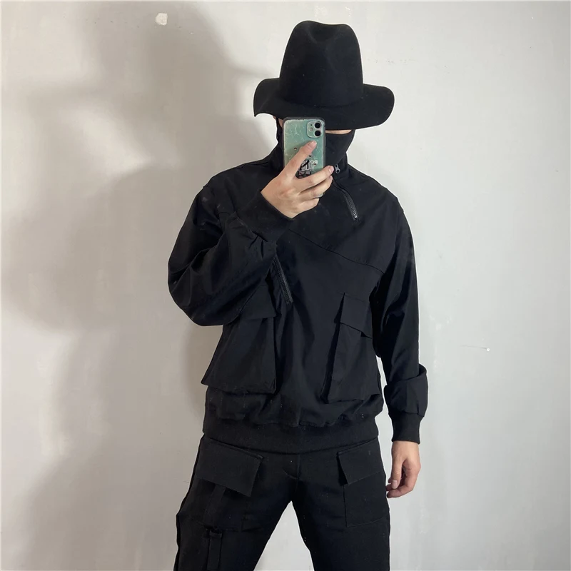 Men's Long Sleeve Hoodie Spring And Autumn New Stand-Up Collar Work Style Pocket Zipper Decoration Leisure Large Size Jacket