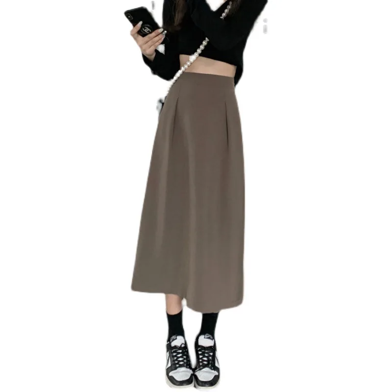 

2024 Autumn Winter New High Waist Slimming Casual Suit Skirt Simple Pure Color Elegant Women A-line Long Skirt Free Shipping