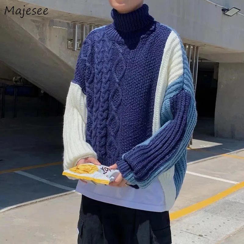 Men Turtleneck Sweaters Patchwork Long Sleeve Loose Knit Tops Couple Autumn Winter Warm Side-split Fashion Twist Pullovers Male