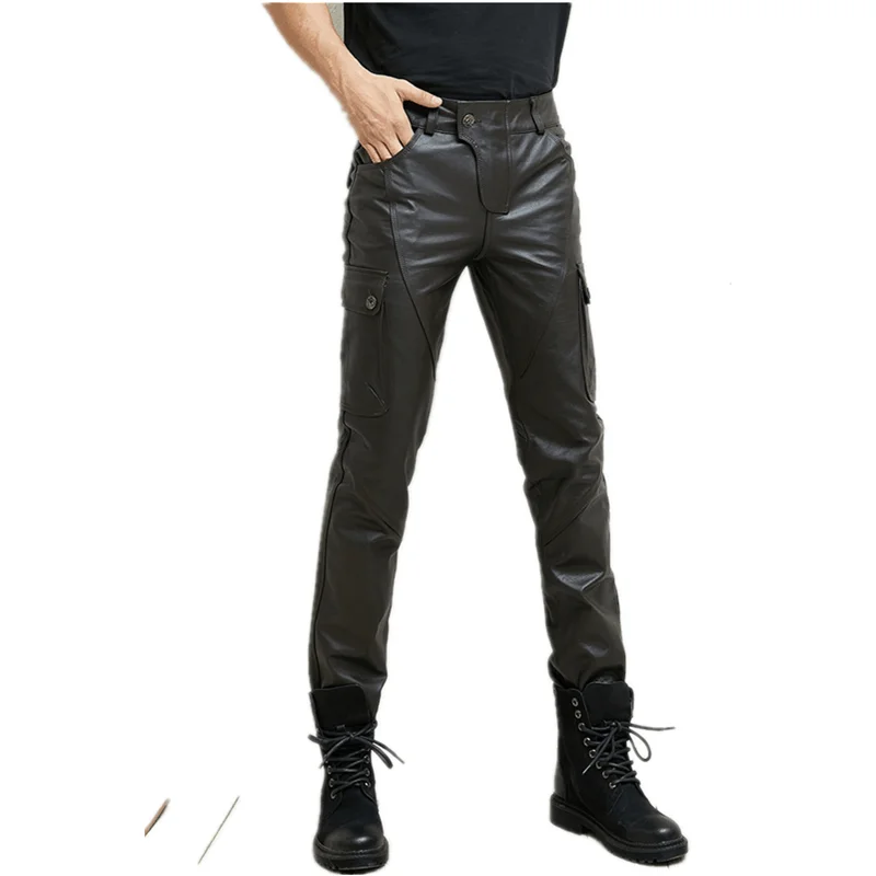 Men's Cowhide Motorcycle Leather Pants, Male Slim Trousers, Spring and Autumn, Big Size, Personality