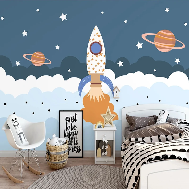 

Custom Mural Wallpaper 3D Hand Painted Cartoon Rocket Space Mural Wallpaper Children's Bedroom Sofa Home Decor 3D Wall Stickers