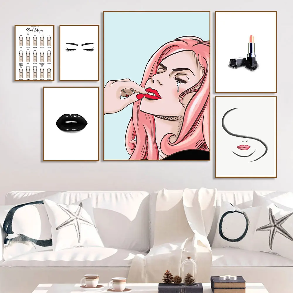 

Fashion Poster Illustration of Sexy Woman, Canvas Painting, Abstract Lipstick Posters, Prints, Wall Art Pictures, Living Room De