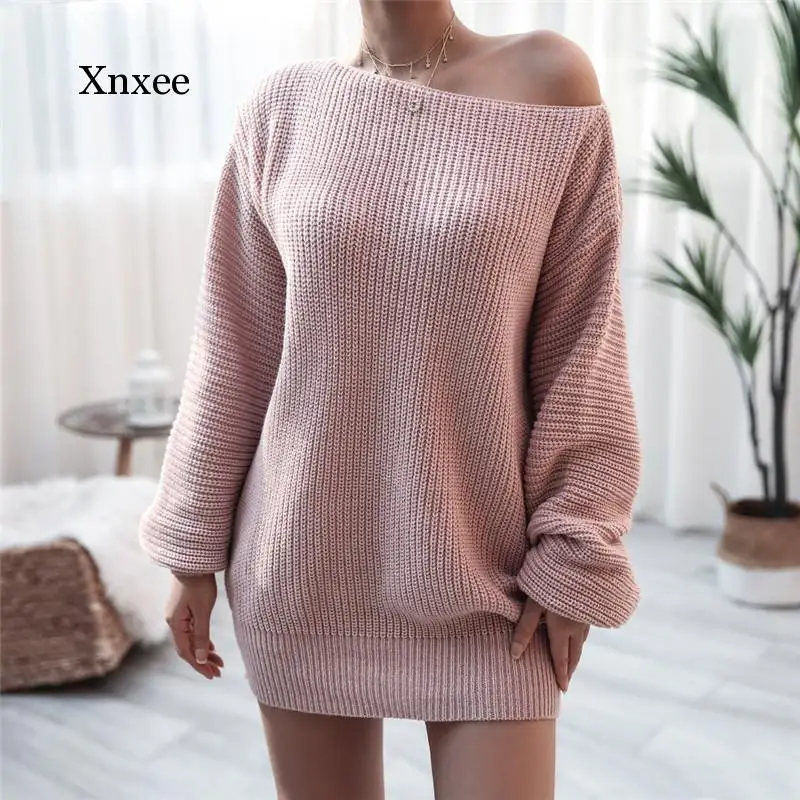 Women Winter Sweater Dresses Sexy Off-Shoulder Deep O-Neck Long Sleeve Pullover Dress Loose Soft White Knit Dress Robe Vestidos