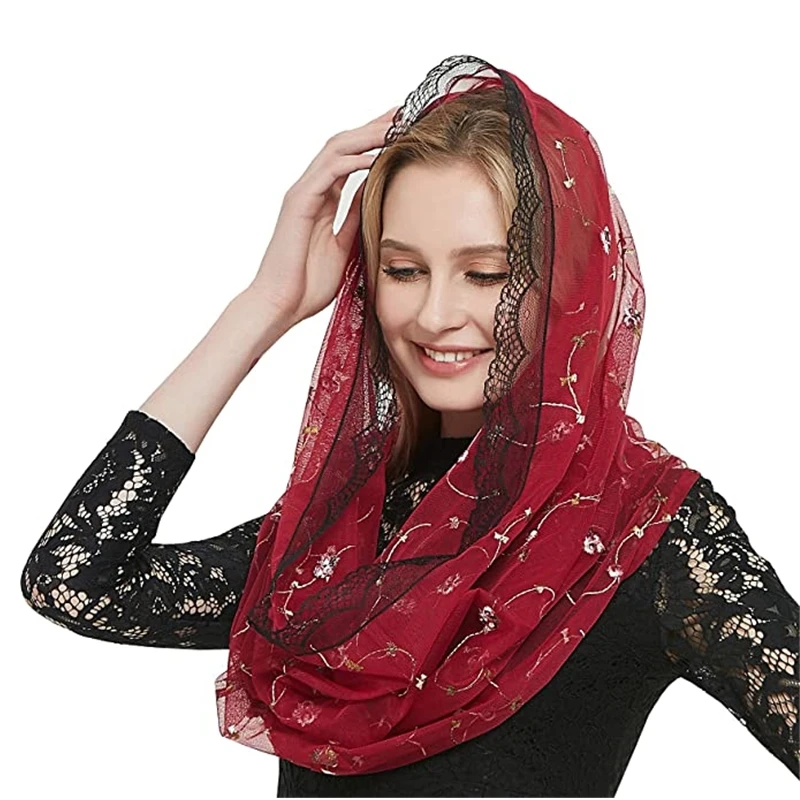 Women Round Head Covering with Embroidered Flowers Catholic Chapel Mantilla Veils Pink Red Navy Floral Spanish Lace Clip