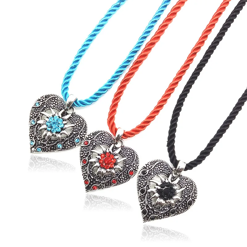 New Multicolor Edelweiss Vintage Lanyard Pendant Necklace Heart Shape Engraved Necklace for Women Charm Party Jewelry Wholesale
