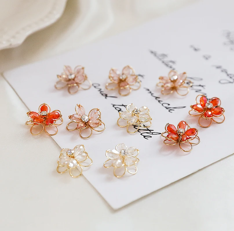 New hollow diamond design double flower copper clad gold DIY handmade earrings accessories material 4pcs