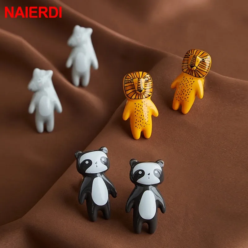 NAIERDI Ceramic Cartoon Furniture Handles Animal Drawer Knob Children's Room Lion Panda Fox Cabinet Handle Wardrobe for Kids