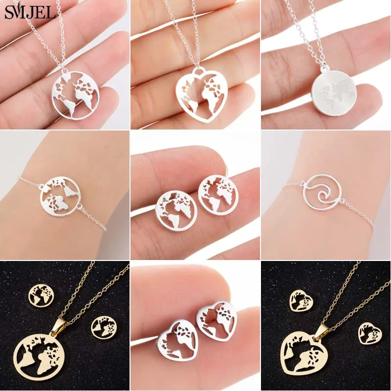 SMJEL Stainless Steel World Map Necklace pendants for Women Earth Day Gifts Wanderlust Travel Globe Jewelry Collier Femme 2025