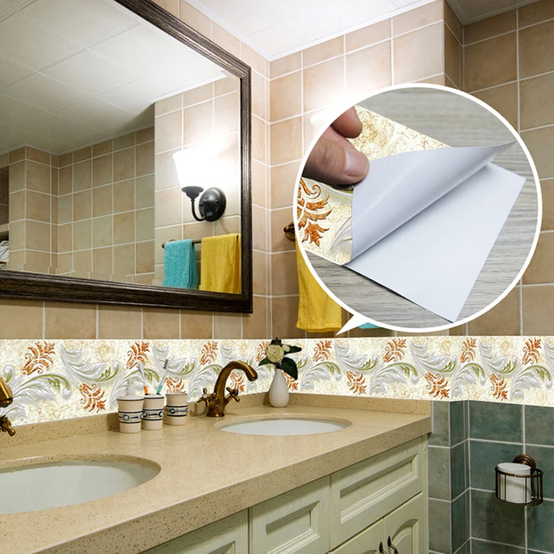 PVC Self adhesive 3D Wallpaper Border Kitchen Skirting Bathroom Line Sticker Removable Modern Tile Wall Sticker Waterproof Decor