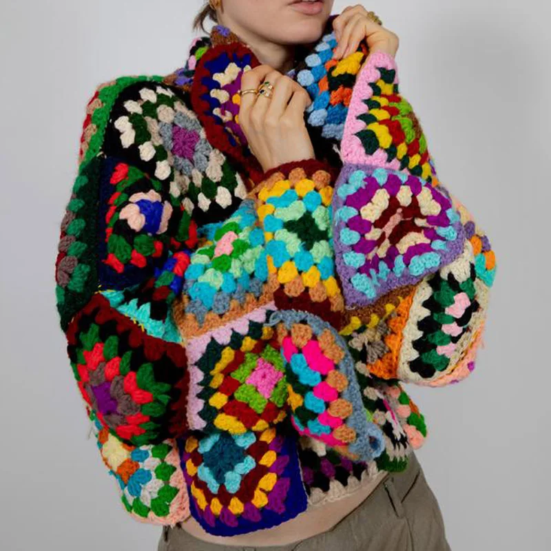 Colorful Turtleneck Crochet Sweater Boho Afghan Coat Granny Square Knitted Sweater Cute Color Checked Pullover Women Clothing