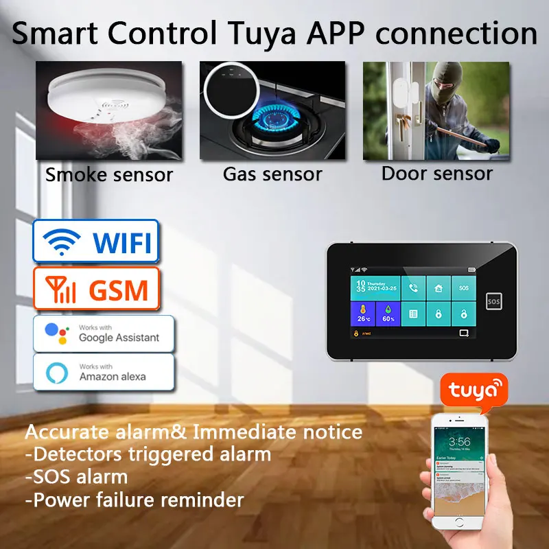 433MHz Tuya WiFi GSM Home Security Alarm System Wireless  Burglar Alarm Kit SOS Works with Google Alexa 4.3-inch IPS Touch Scree