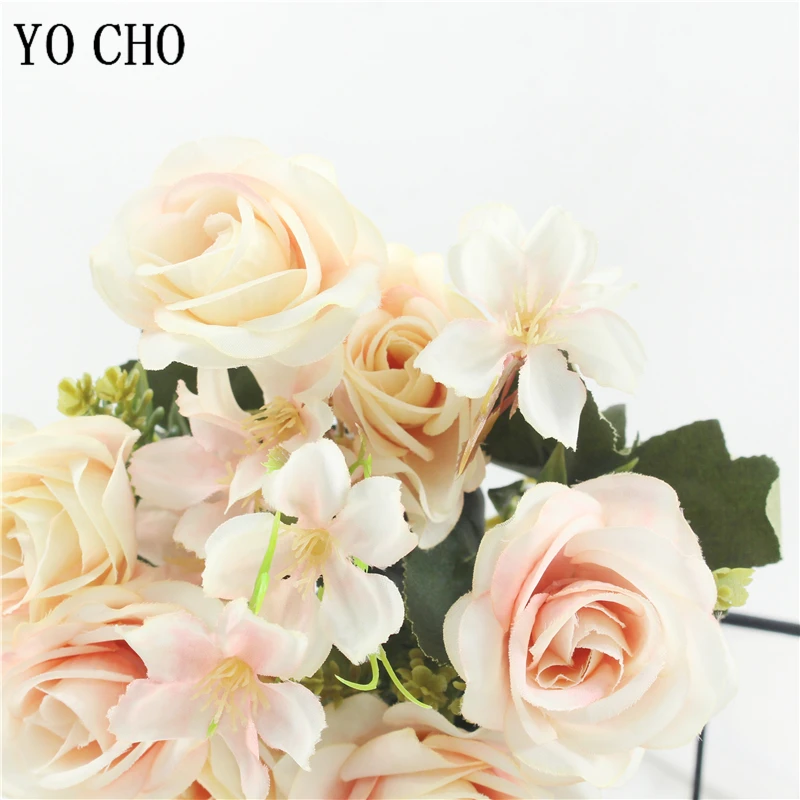 YO CHO1 Bunch 7 Forks Rose Hydrangea Silk Flower Artificial Flowers Rose Holding Wedding Bouquet For Home Party Table Decoration