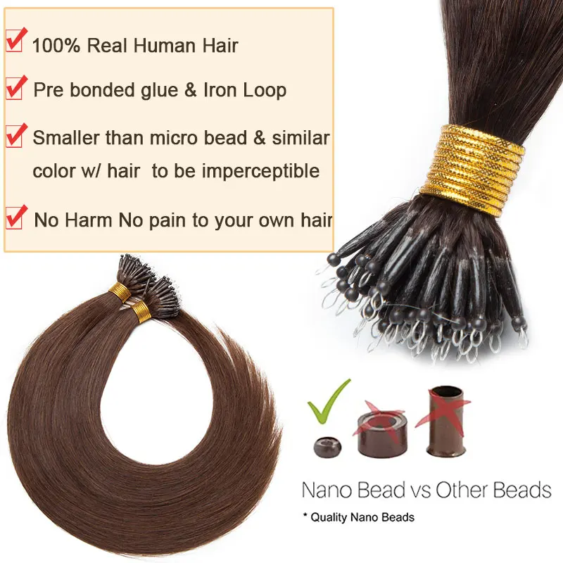 SEGO 16-24 Inch 1G/S 50Pcs Real Human Hair Nano Ring Hair Extensions Machine Remy Pre-bonded Straight Nano Tip Indian Hair