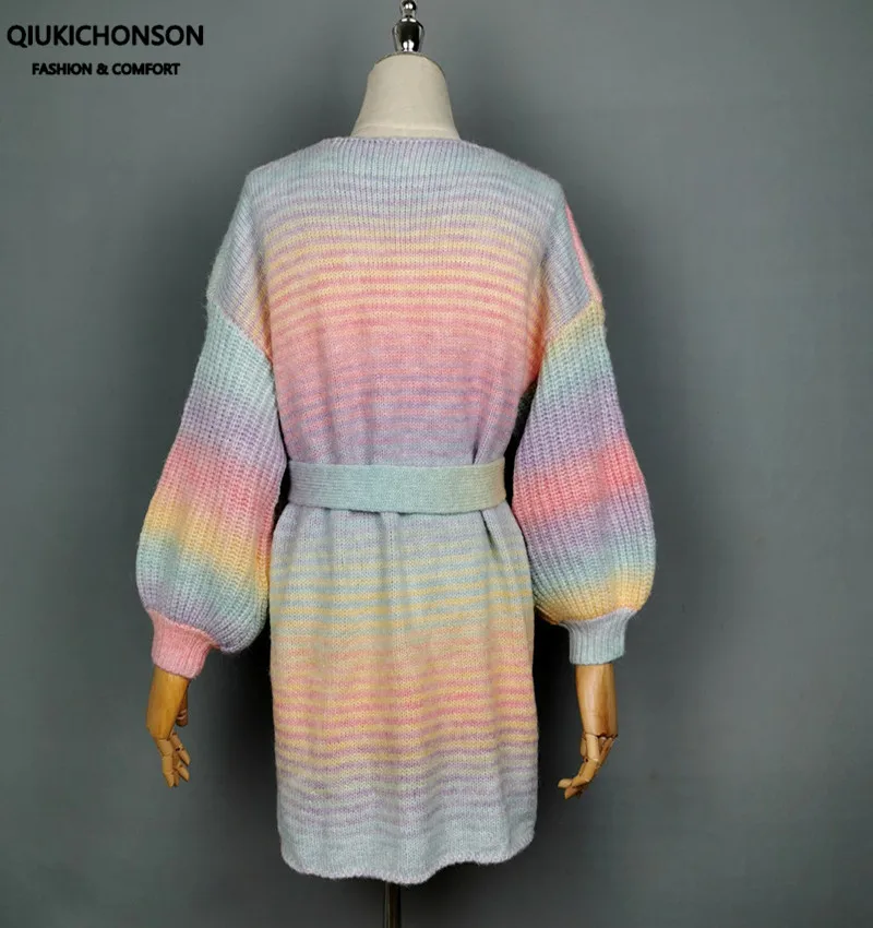 Qiukichonson Vintage Gradient Rainbow Striped Cardigan Knit Women Lantern Sleeve Tunic Belted Cardigan Coat Gardigan pull femme