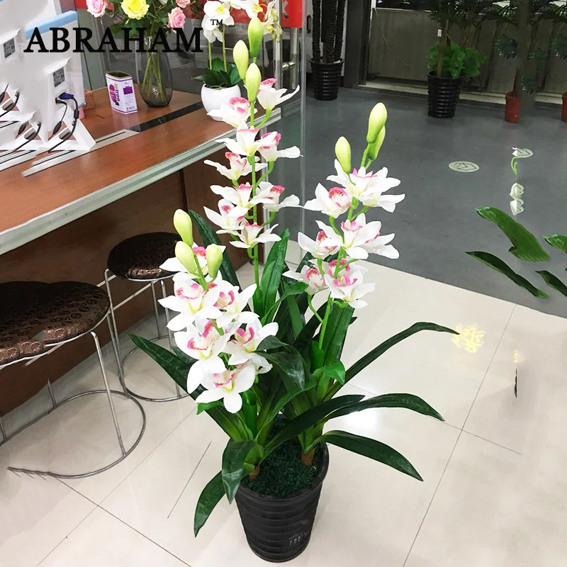 100cm 3 Poles Fake Cymbidium Artificial Tree Tropical Plants Plastic Palm Leaves Silk Flower Heads For Home Office Wedding Decor