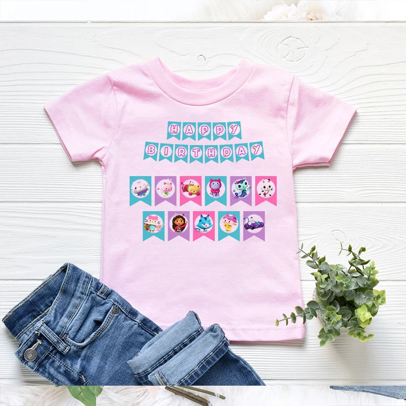 Newly Girls T-Shirts Cute Gabbys Doll House Cartoon Print Clothes Kids Tshirt Fashion Casual Baby T Shirts White Pink Shirt Tops