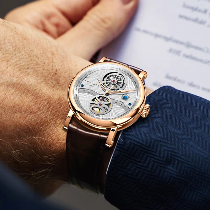 PONIGER الفاخرة حزام من الجلد الطبيعي الرجال ساعة اليد الهيكل العظمي التلقائي ساعة ميكانيكية الياقوت الزجاج مقاوم للماء 50 متر ساعة رجالية