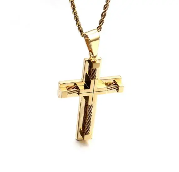 Jewelry Stainless Steel Wire Cross Pendant Necklace Rope Chain 22 inch Large Heavy Solid