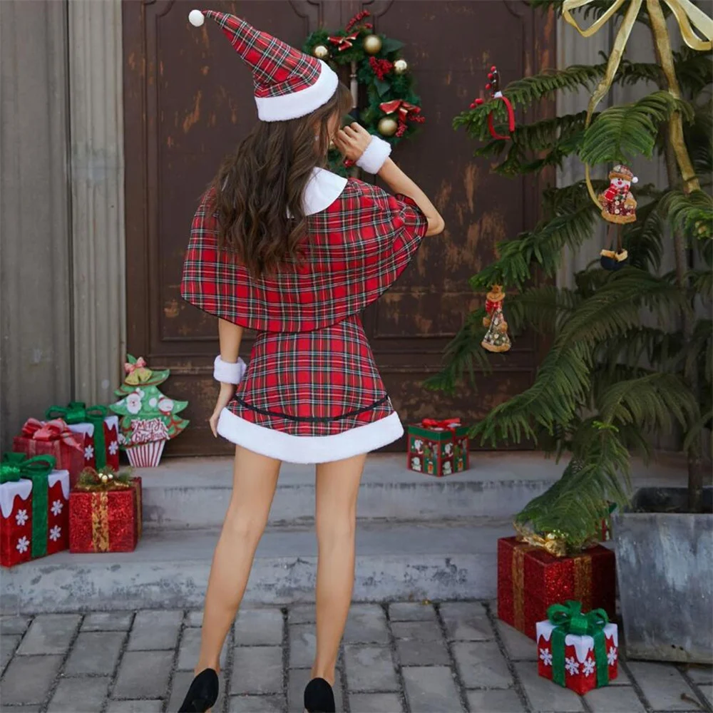 Vestido de Navidad de celosía roja para mujer, traje Sexy de Papá Noel, disfraz de fiesta de Navidad, dulce y elegante