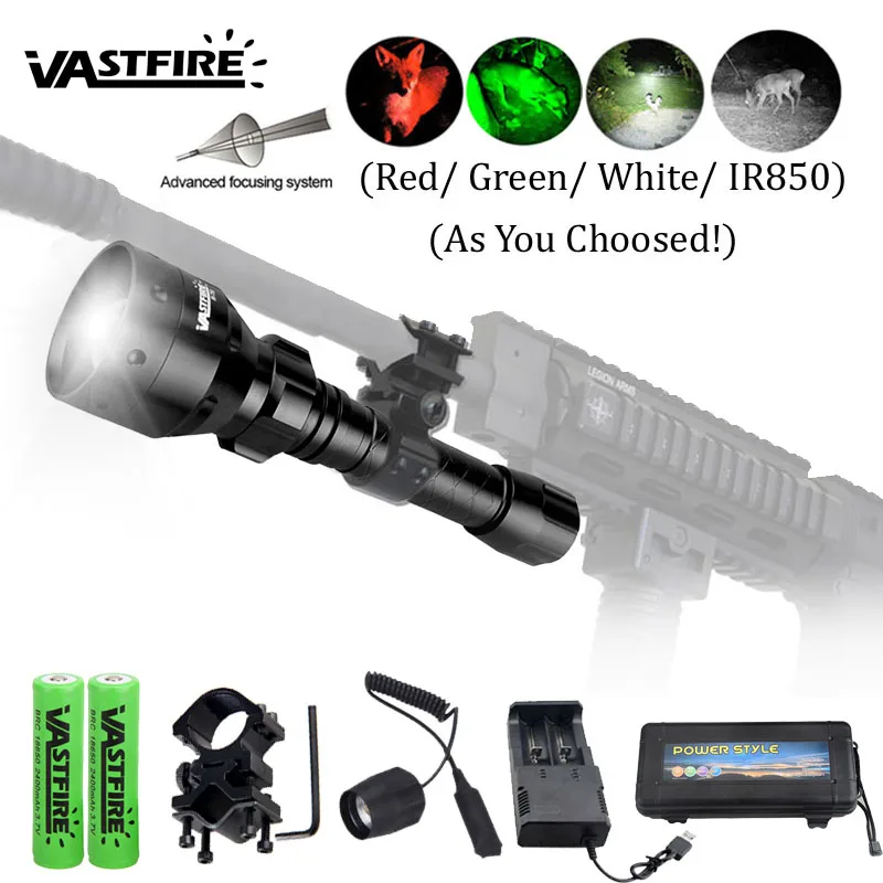 

500 Yards Zoomable Focus Hunting Flashlight 55mm Lens Tactical Under-barrel Gun Light+Rifle Scope Mount+Switch+18650+USB Charger