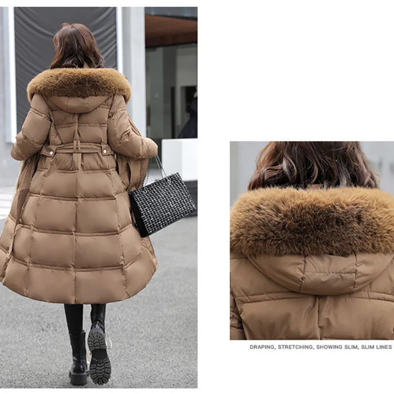 90% White Duck Down Thick Warmth Elegant Hooded Fur Collar Large Size Loose Female Coat 2024 New Women Winter Down Jacket OK1156