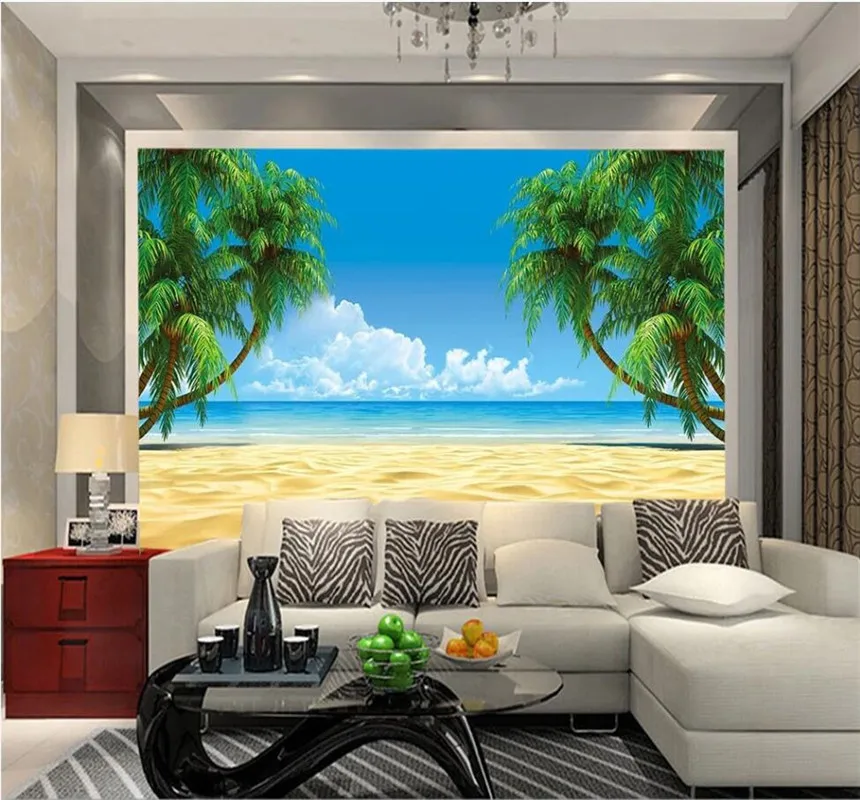 

Xuesu Beach coconut trees, blue sky and white clouds landscape mural bedroom living room custom wallpaper 8D waterproof material