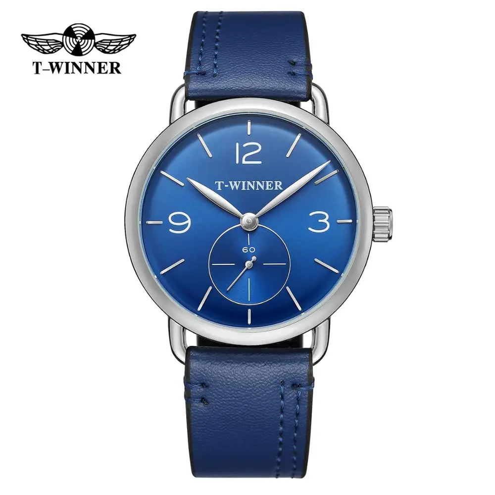 T-WINNER Simple casual men\'s and women\'s watches with blue dial and leather strap automatic mechanical watch