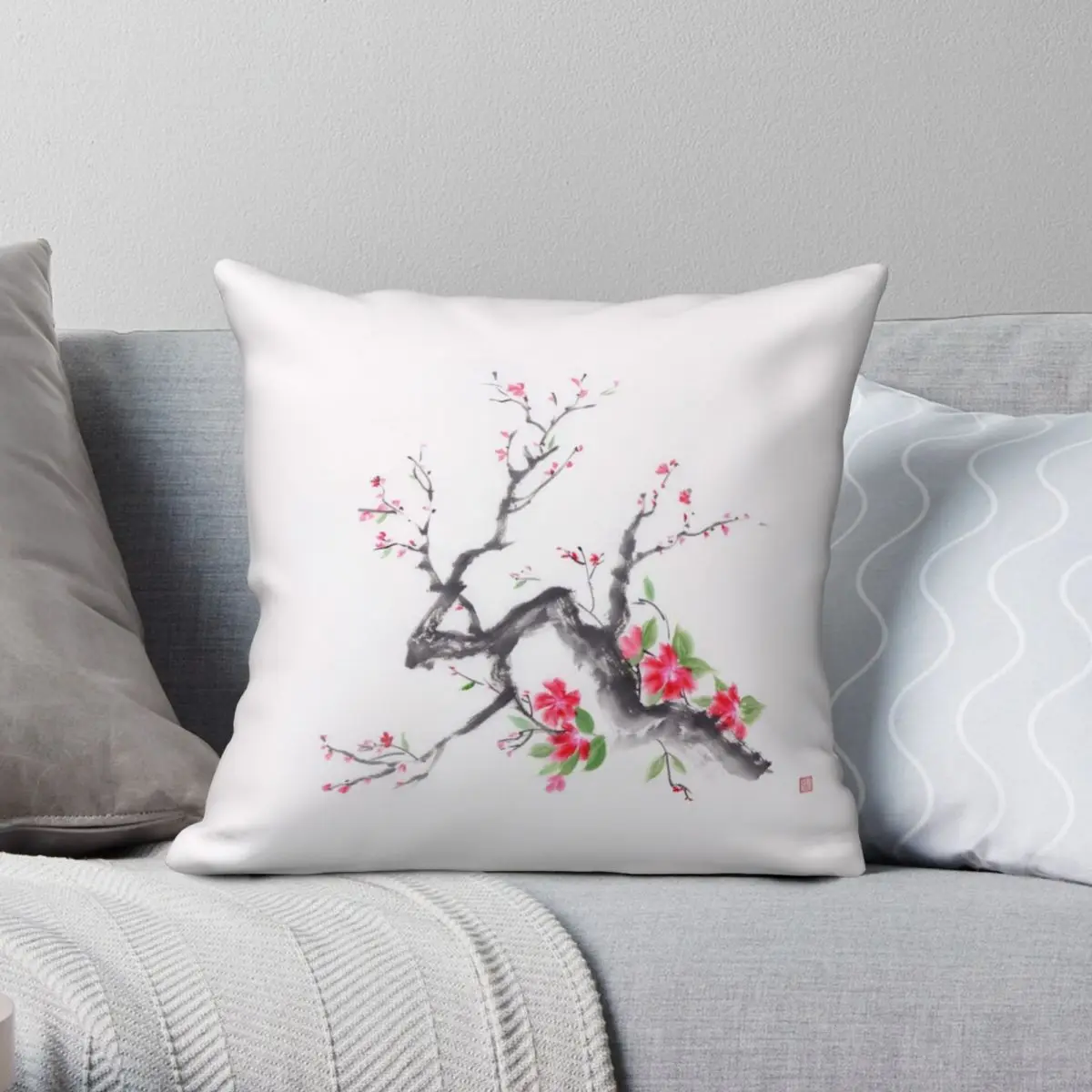 Cherry Blossom Branch Sumi Ink Square Pillowcase Polyester Linen Velvet Zip Decor Throw Pillow Case Sofa Seater Cushion Cover