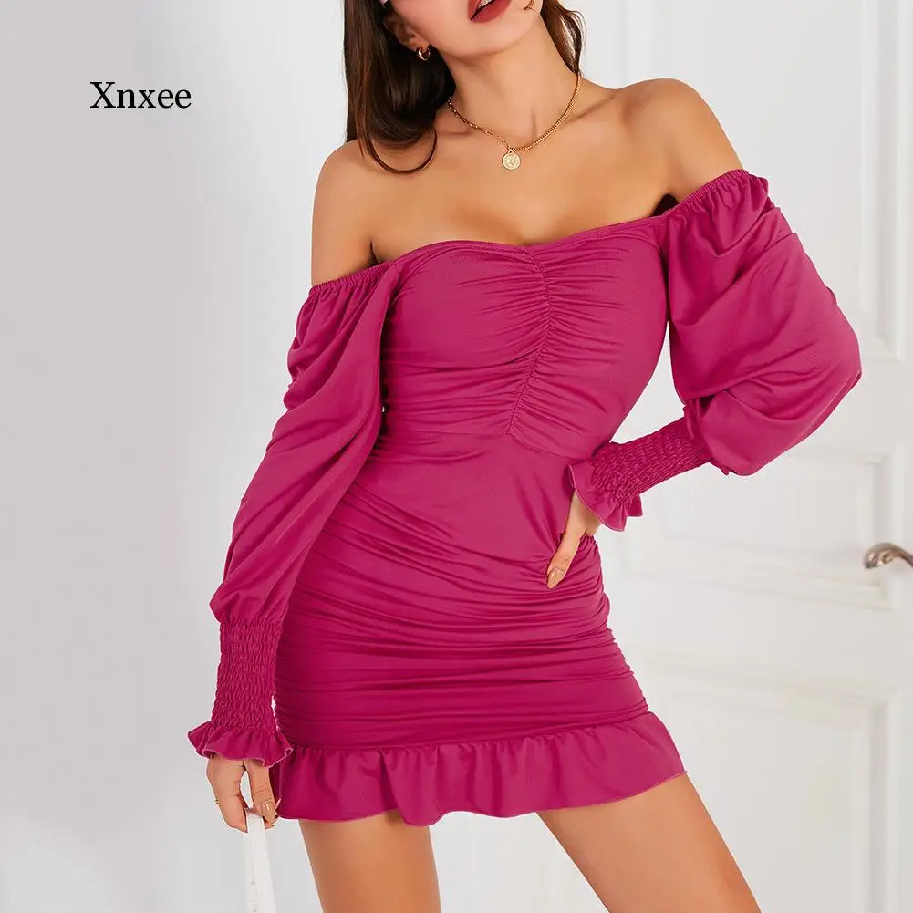 Long Lantern Sleeve Sexy Breast Wrap Ruffle Mini Hip Dress Slim Off Shoulder Bodycon Party Folds Short Dresses Vintage Party