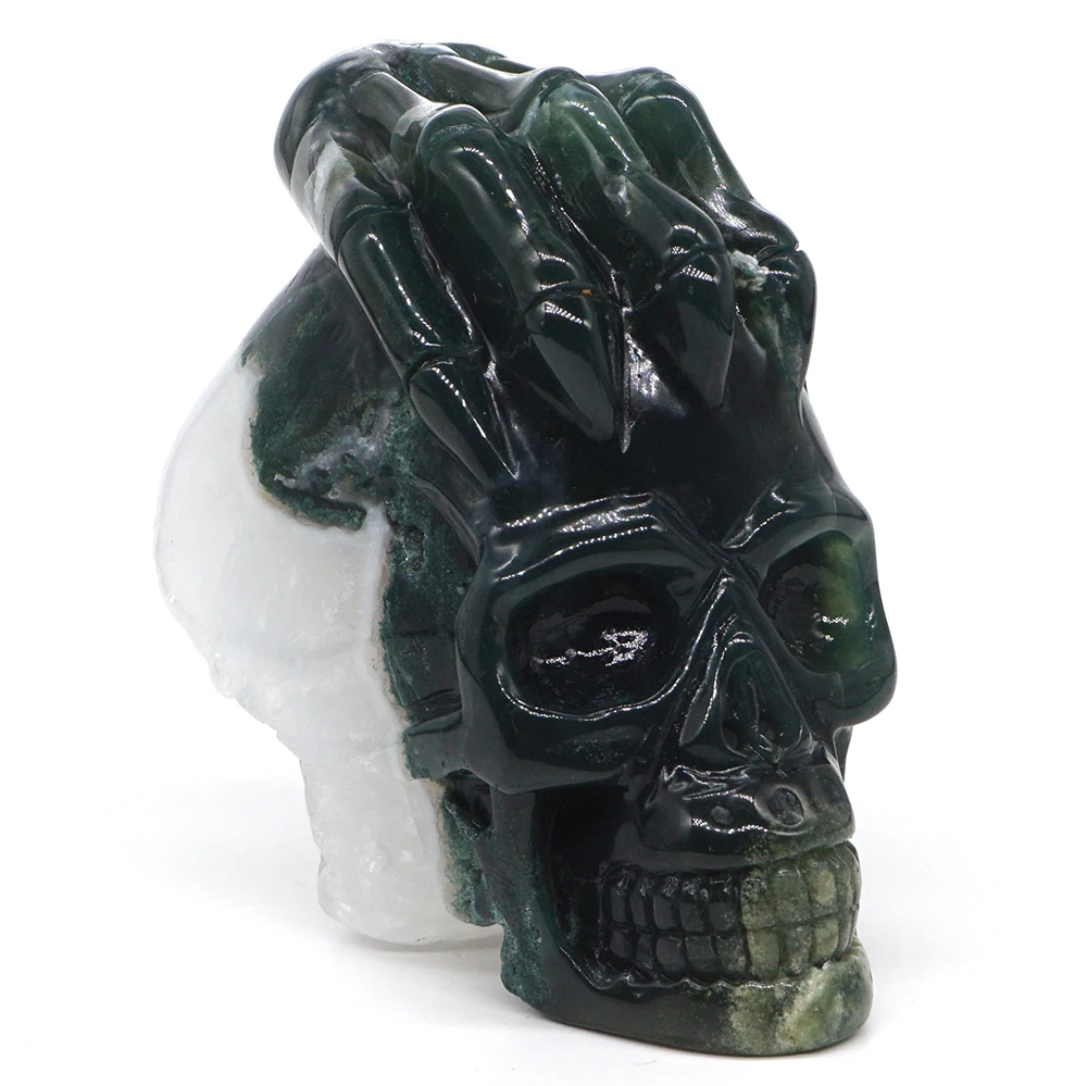 

3.5" Skull Statue Natural Gemstone Moss Agate Geode Crystal Carved Reiki Healing Stone Quartz Figurine Crafts Home Decoration