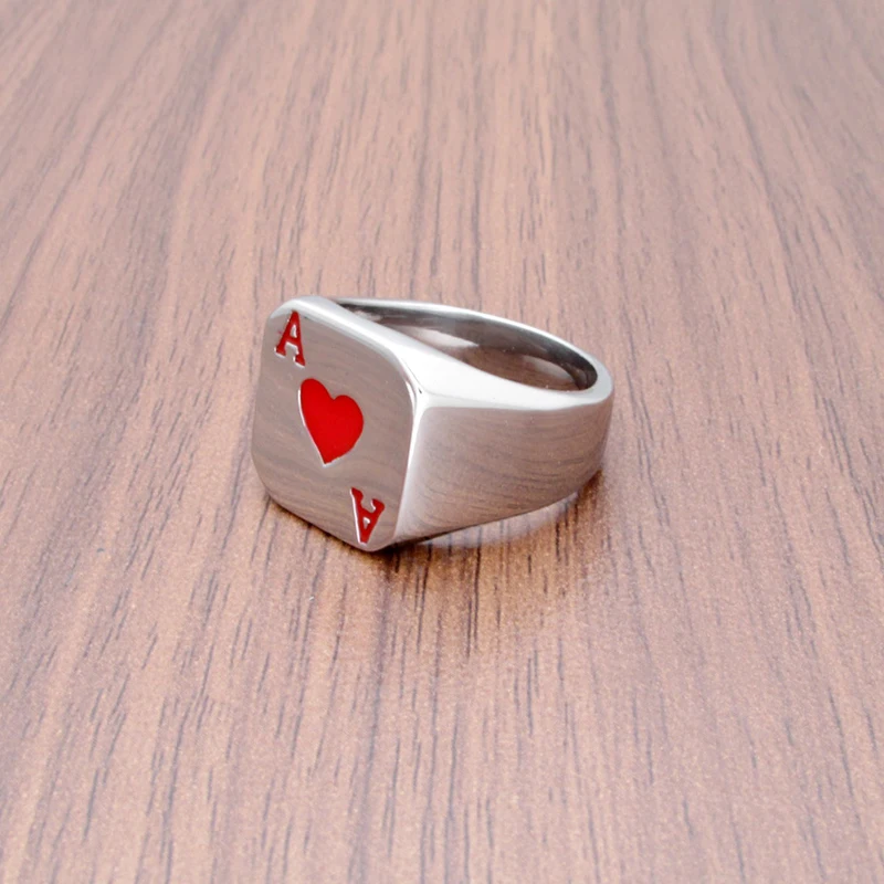 Punk Ace of Hearts Playing Cards Ring 316L Stainless Steel Men\'s Fashion Letter Red Color Epoxy A Rings Jewelry