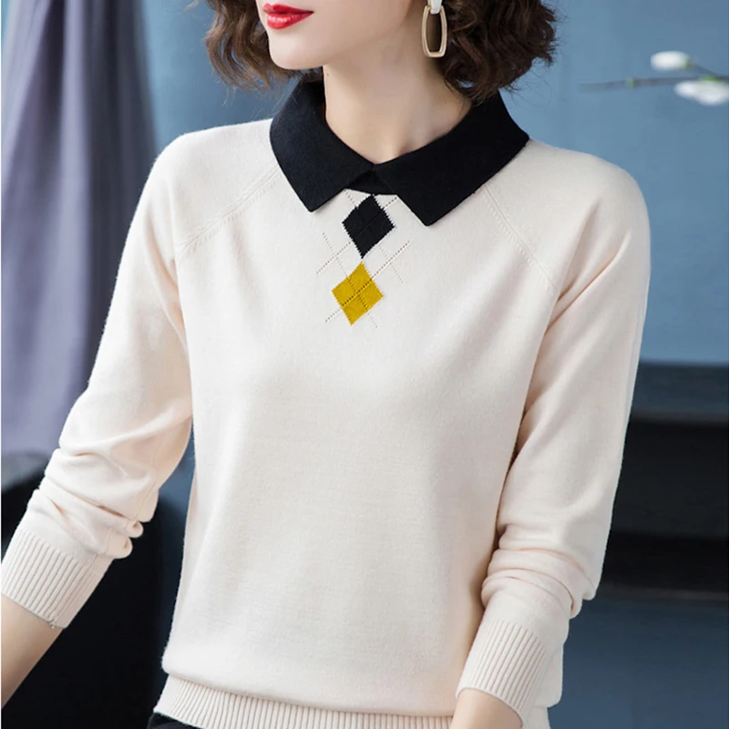 Fashion Turn-down Collar slim knitted ladies sweaters Elegant warm long sleeve women\'s pullovers Korean patchwork color top