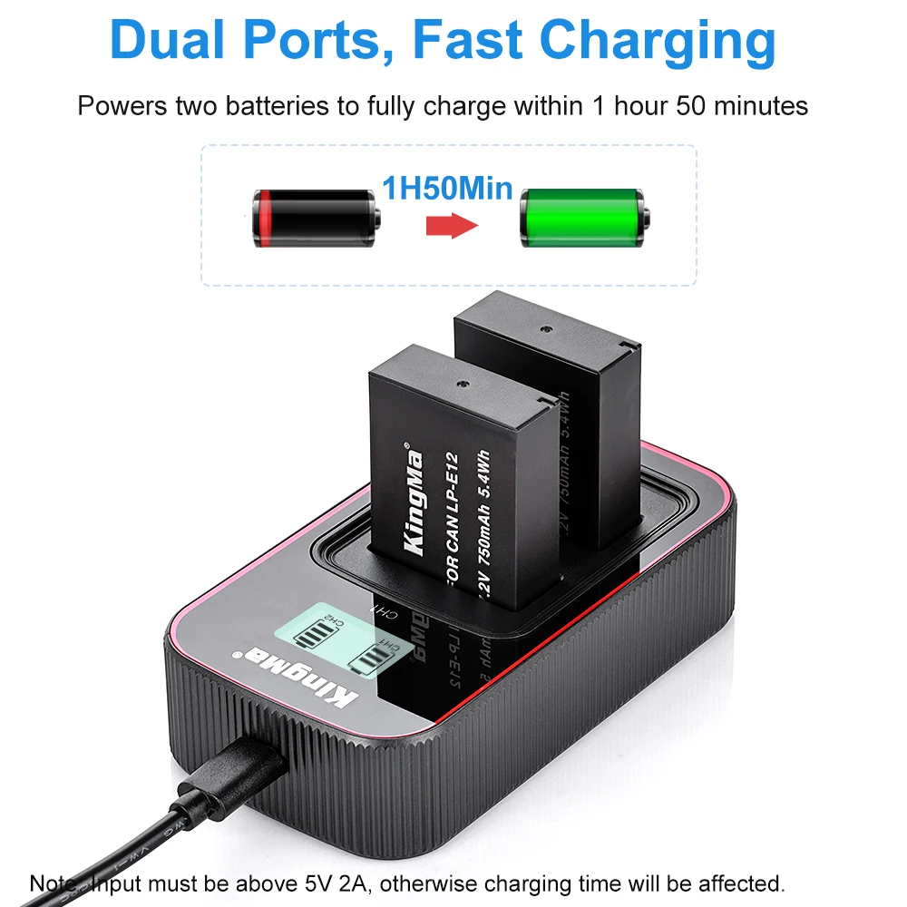 KingMa LP-E12 Akumulator litowo-jonowy USB LCD Podwójna ładowarka do aparatu Canon EOS 100D M2 M50 Mark II M50 M200 M100 M10 Akumulator LP E12